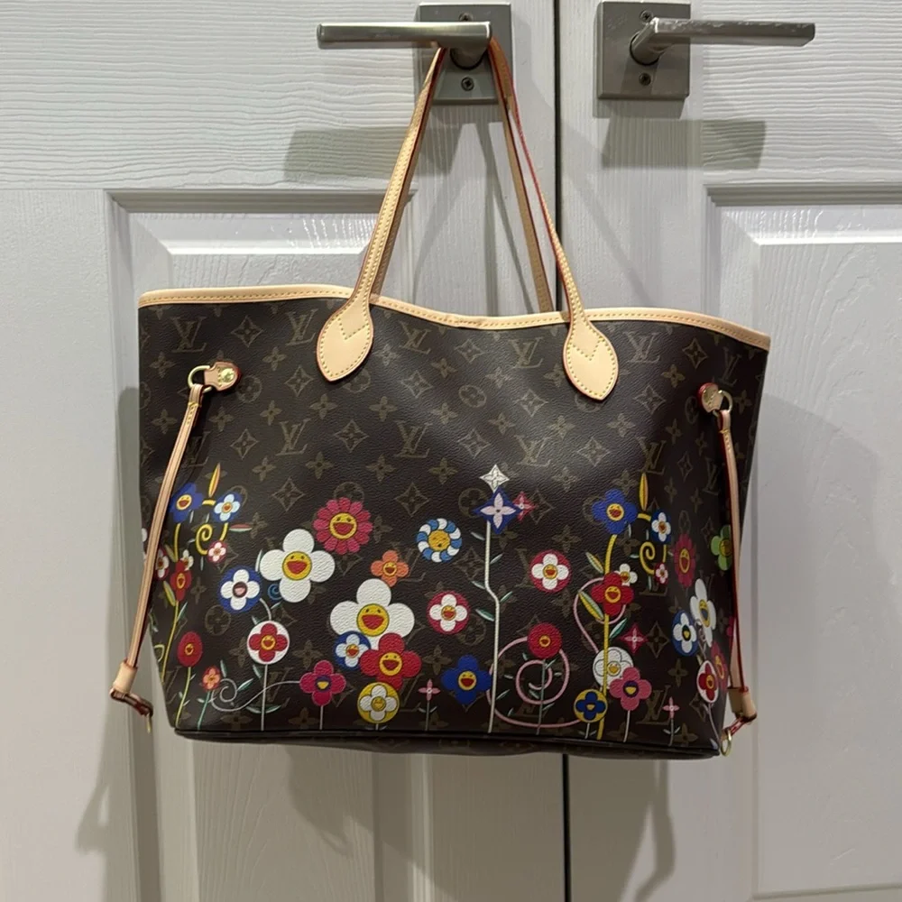 Brown Monogram Floral Tote with Multicolor Flowers - Picture 2 of 9